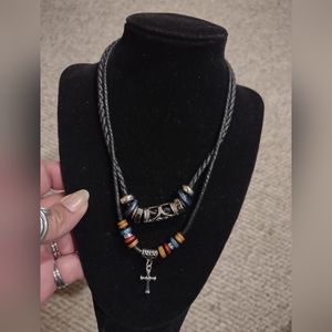 Alloy Cross Wooden Beads Braided PU Leather Rope Men's Necklace